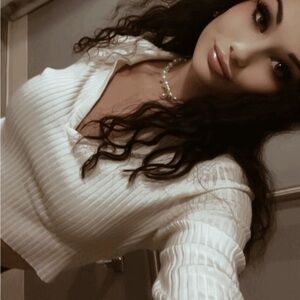 SHEIN Cream Ribbed V-Neck Top